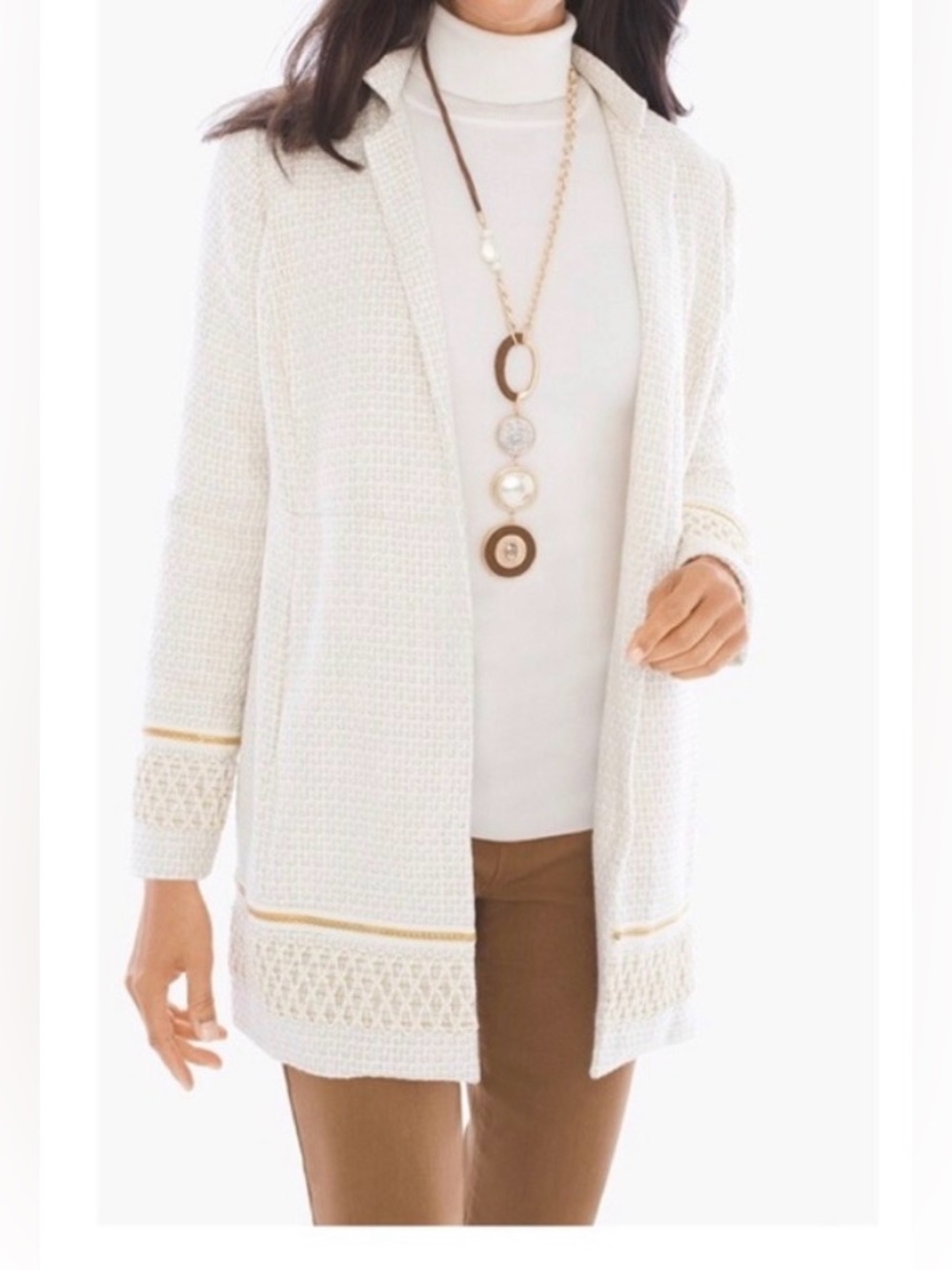 L • Chicos Long Line Ivory Gold Textured Topper Jacket Size Large size 2